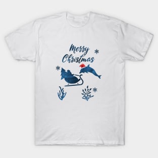 Santa Claus And The Dolphin Christmas Art T-Shirt